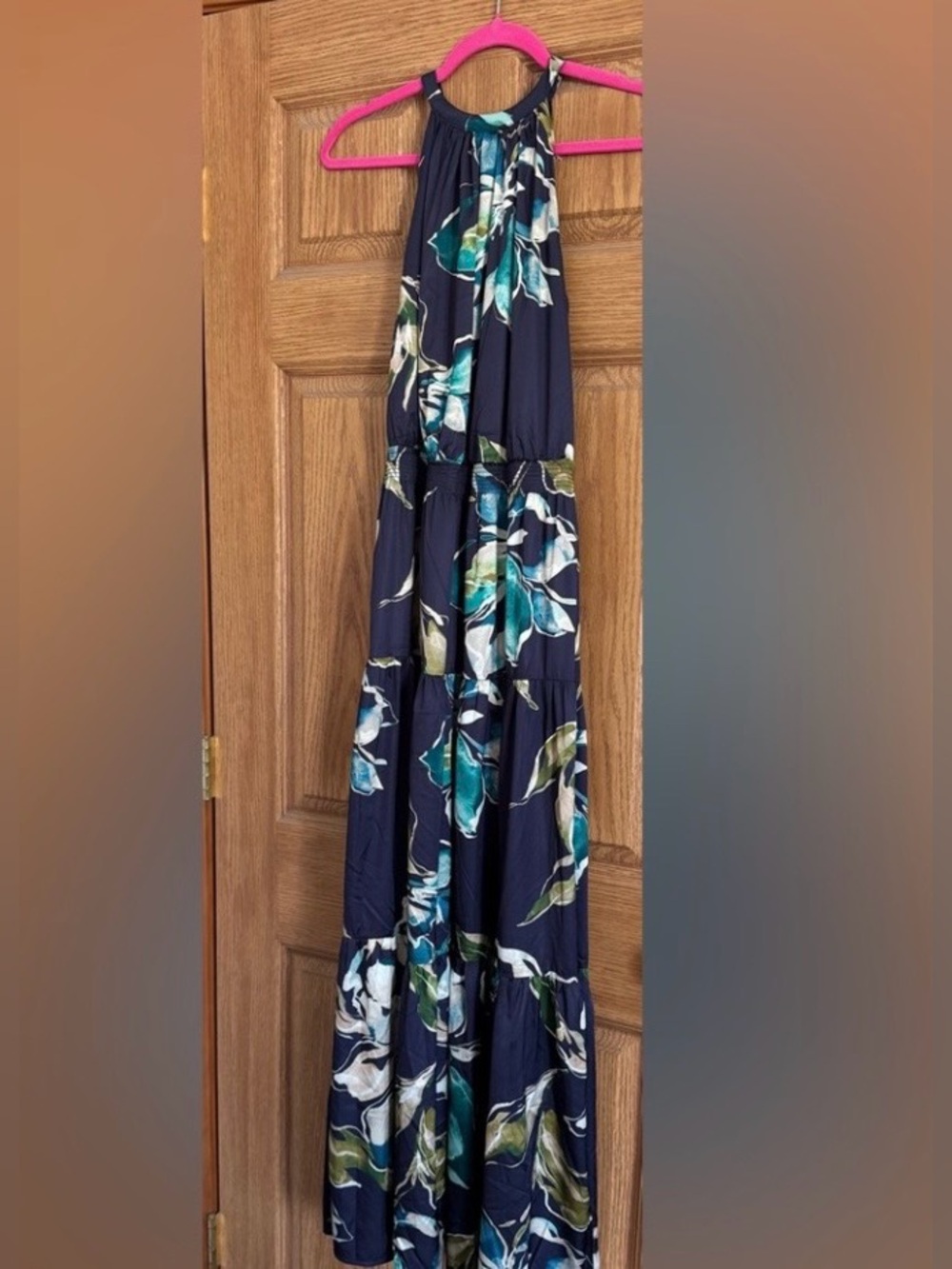 Nicole Miller Navy Maxi Dress with Teal and Cream Floral Print - Picture 3 of 5
